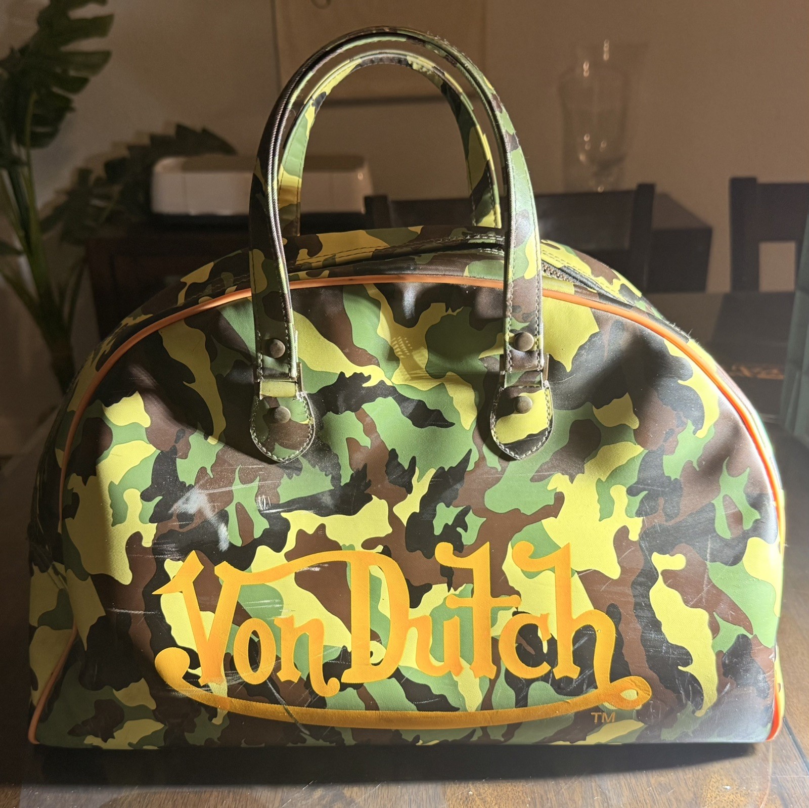 VTG Von Dutch Camo Bowling Bag Orange Piping Trim Duffle Handbag Y2K Streetwear