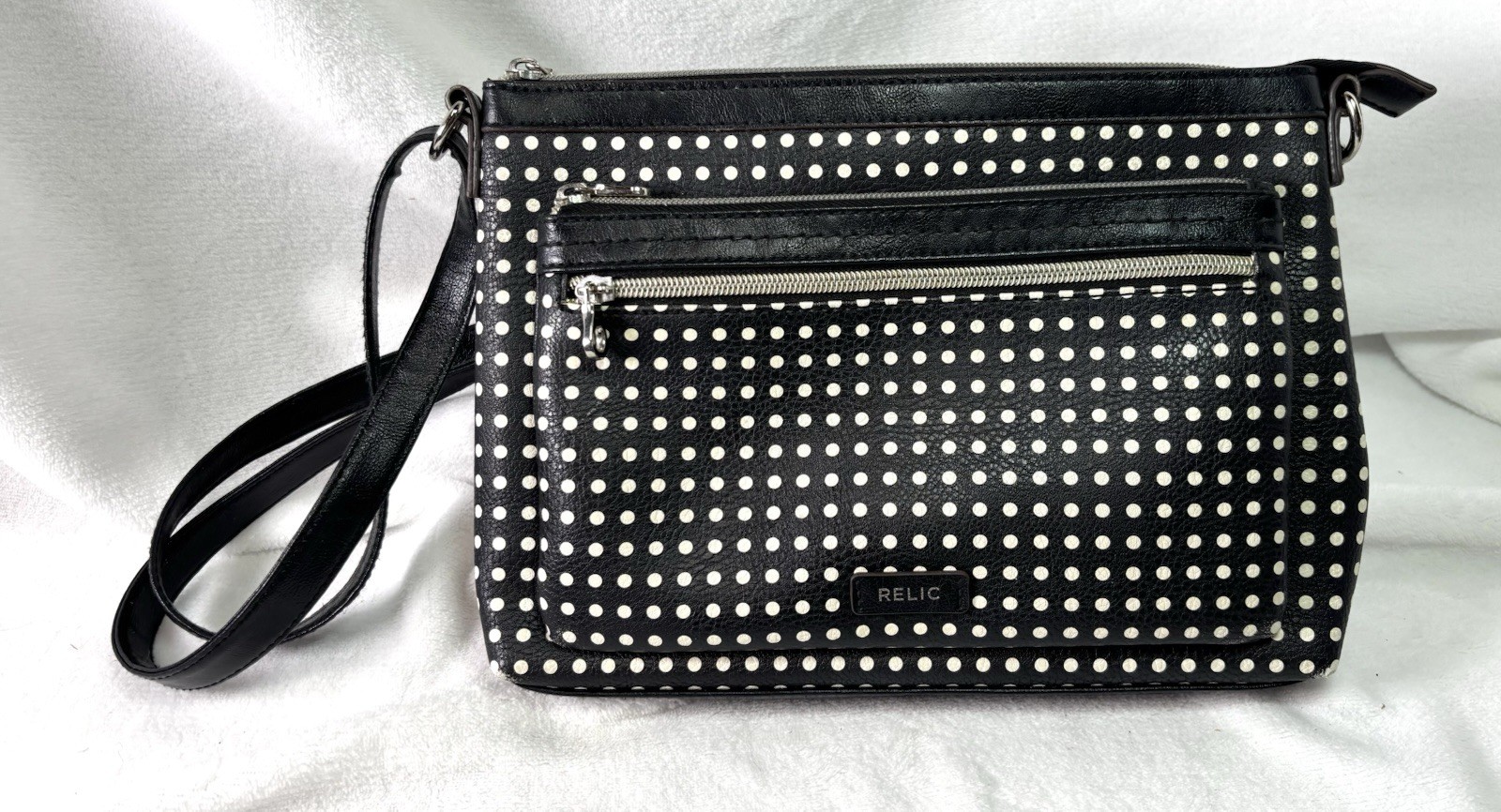 Relic by Fossil Emma Black White Polka Dot Crossbody Bag Multi Zip Purse AS IS
