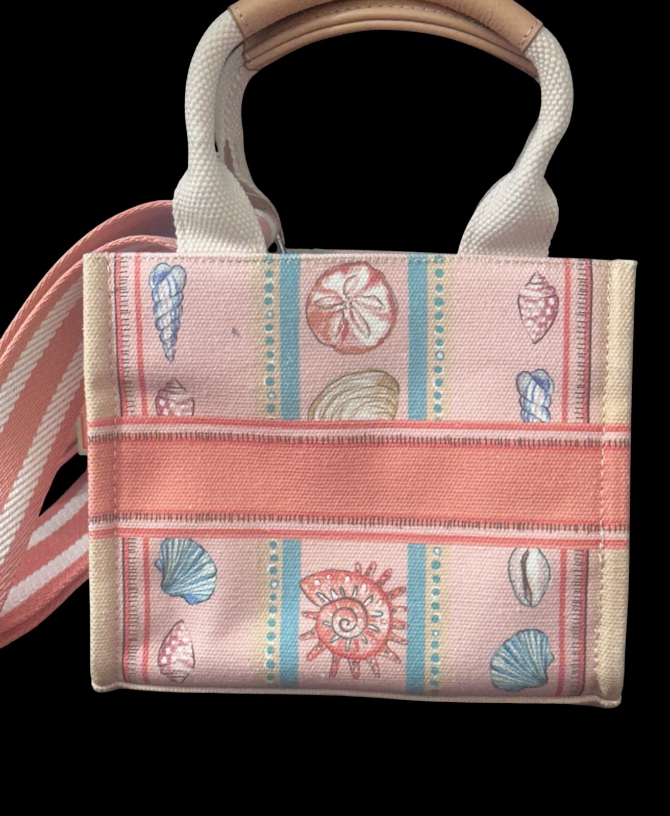 Brighton Sea L Vie Mini Tote- canvas crossbody strap-seashells-orange blue-snap