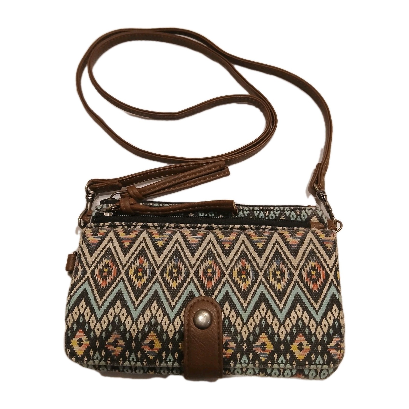 Small Crossbody Bag w/ Wallet Double Zipper Multicolor Purse Man-Made Material