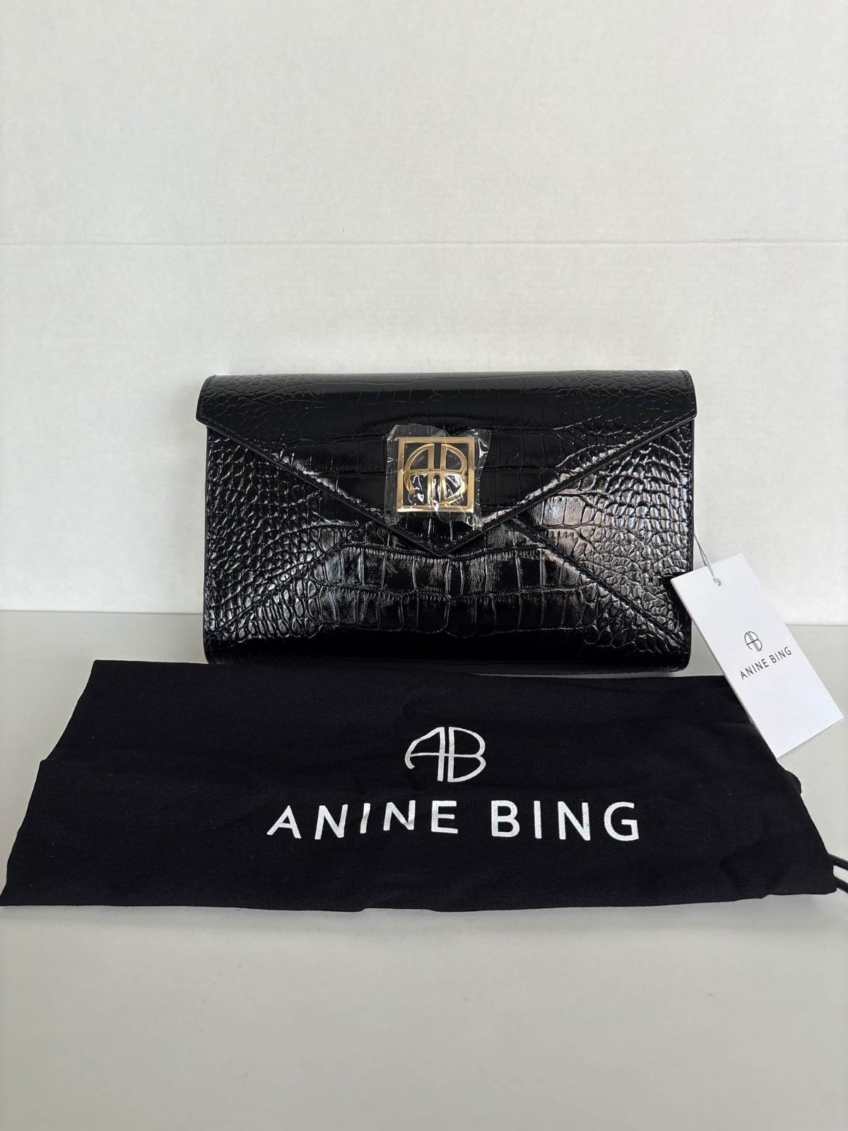 Anine Bing Elly Croc Embossed Leather Clutch Black Detachable Chain Strap – NWT