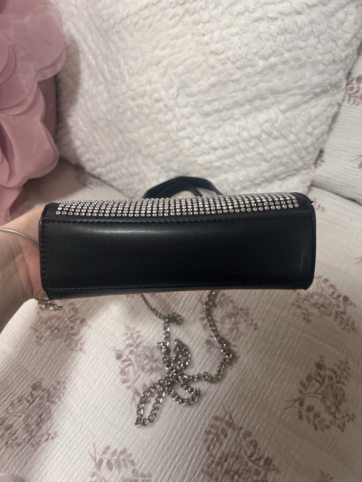 GUESS Black Mini Satchel Top Handle Bag Rhinestone Front Silver Chain Strap