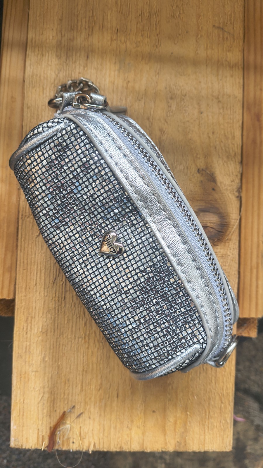 Juicy Couture silver metallic Mini make-up Bag Zip Closure Chain Strap