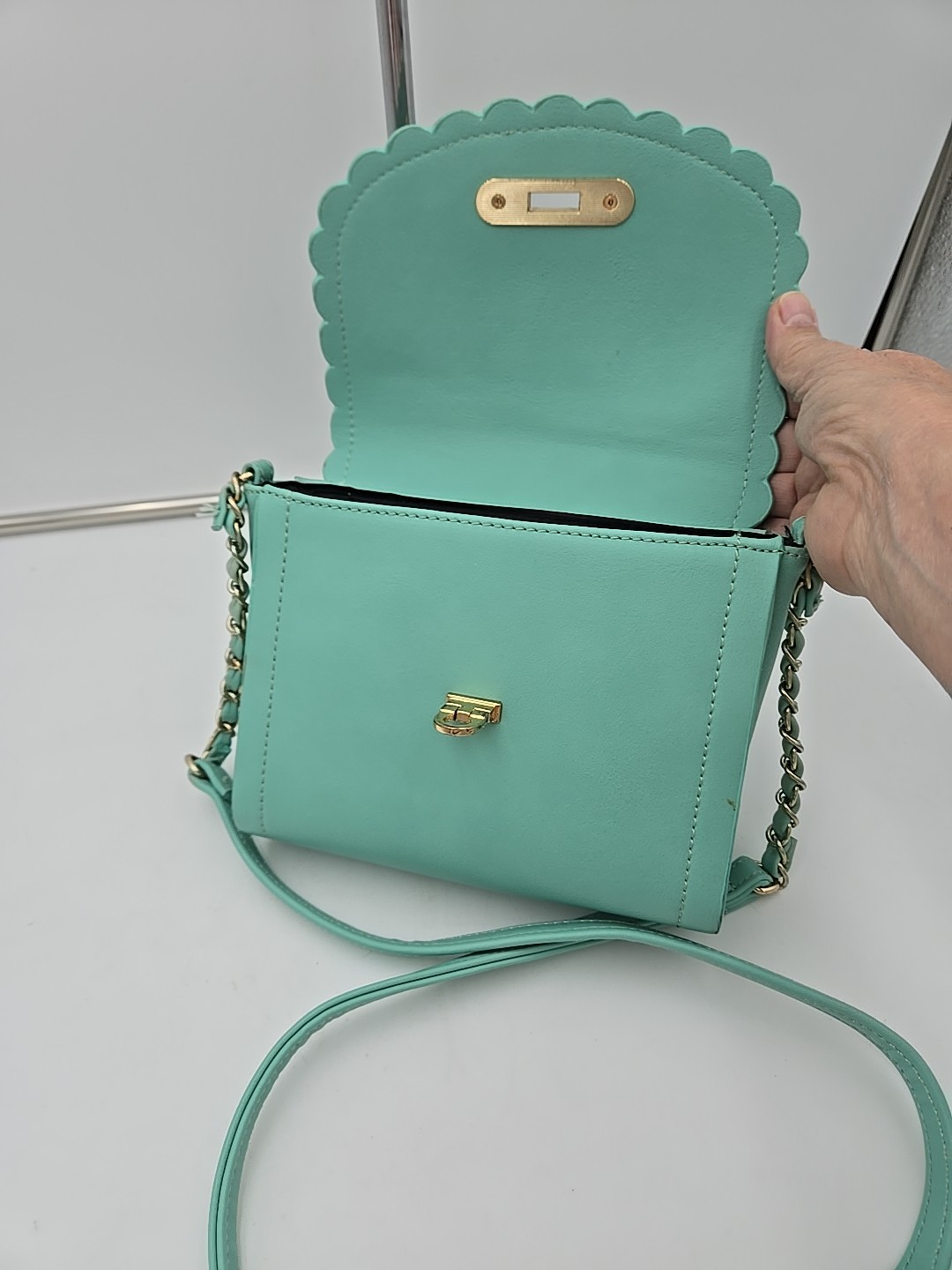 PASTEL Teal Scallop Trim Goldtone Crossbody Purse 7.5 In x 6.5 In x 2.5 In USED