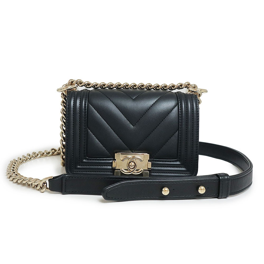 CHANEL Boy Chanel Chevron VStitch Chain Mini Shoulder Bag Calfskin, Black A67364