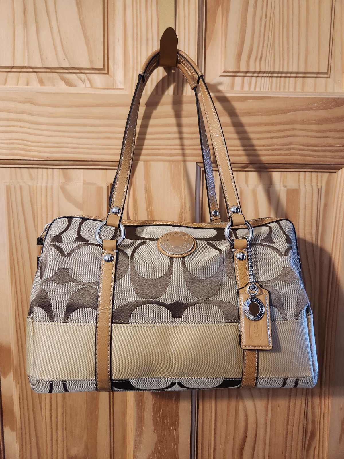 COACH Signature Stripe Zip Satchel Khaki/Tan Signature C A1320-23771E Nice Color