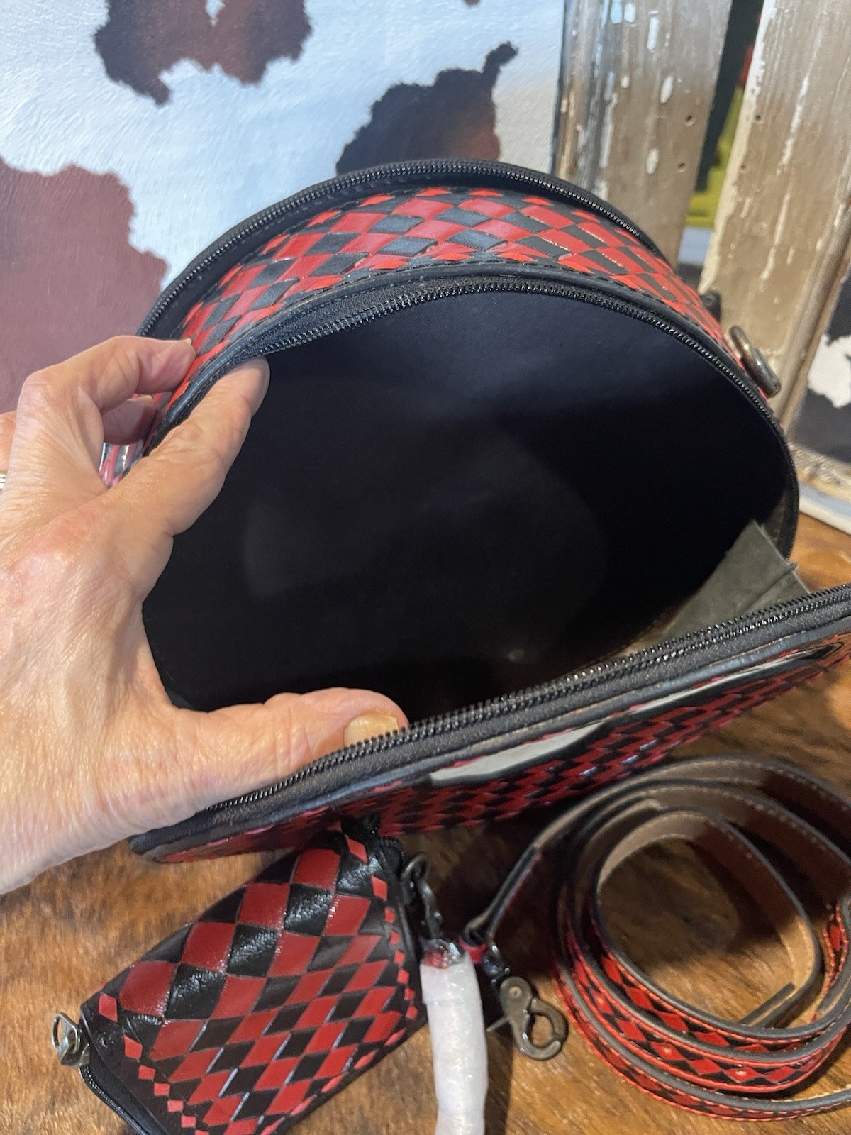 Western Checkered Crossbody Bag Red Black White Detachable Strap Coin Purse