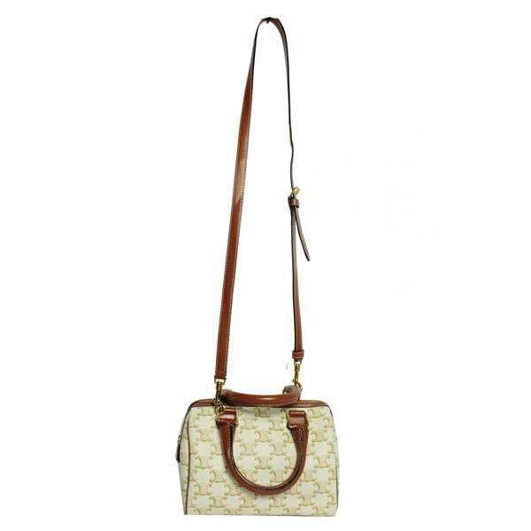 Celine Triomphe Small Boston Canvas Calfskin White Brown 197582 from Japan #188