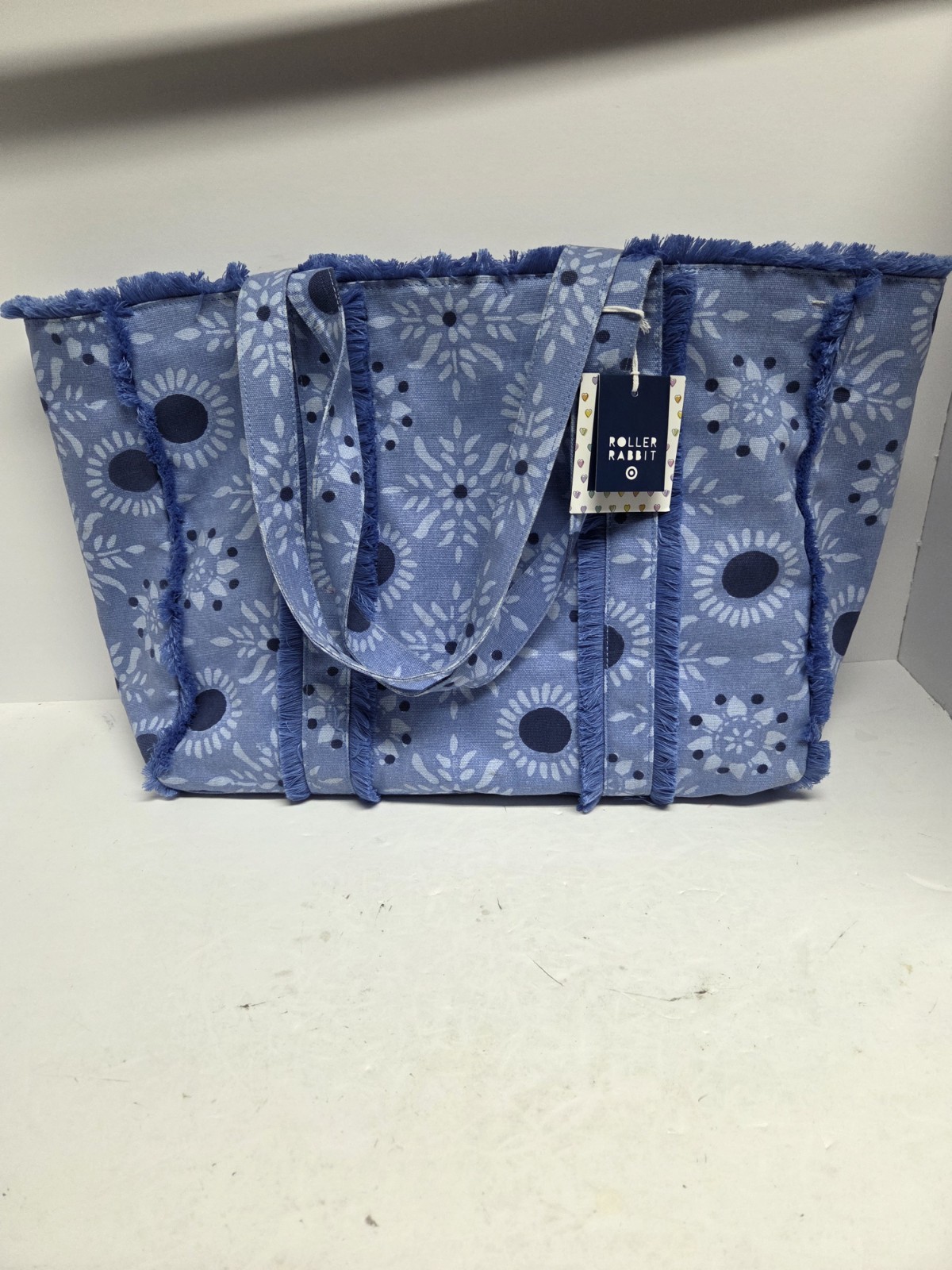 Roller Rabbit Women’s Large Beach Tote Blue Floral Fringe Open Top Zip Pocket