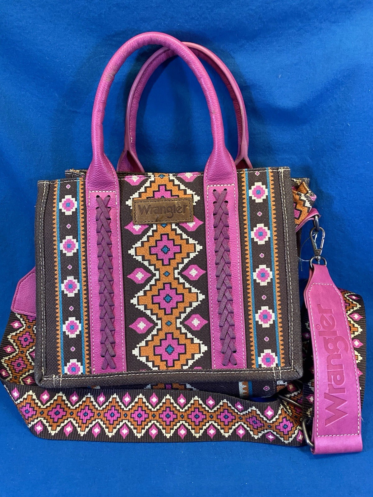 Wrangler Southwestern Aztec Print Small Canvas Tote Crossbody Bag Pink & Brown