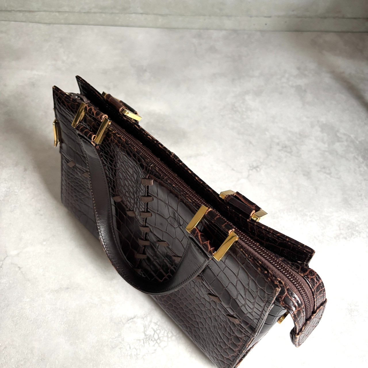 Yves Saint Laurent YSL Vintage ReddishBrowns Croc Embossed Leather Tote