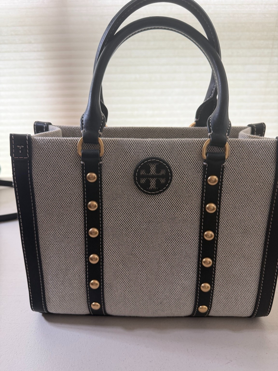 Authentic Tory Burch Perry Canvas-Trim Mini Tote (Studded Detail Variant)