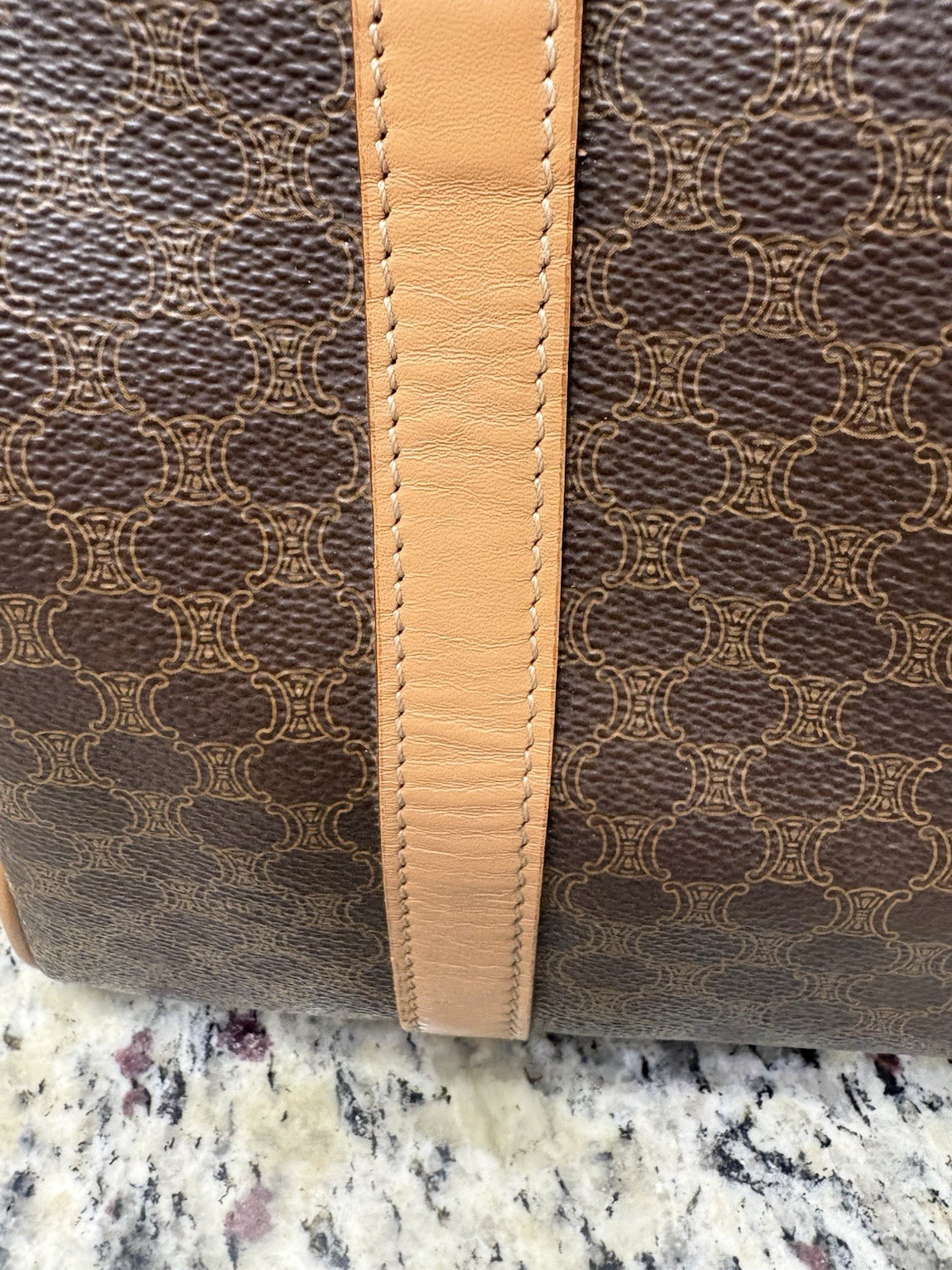 Authentic Vintage Celine Macadam Brown Leather And Coated Canvas Boston Bag