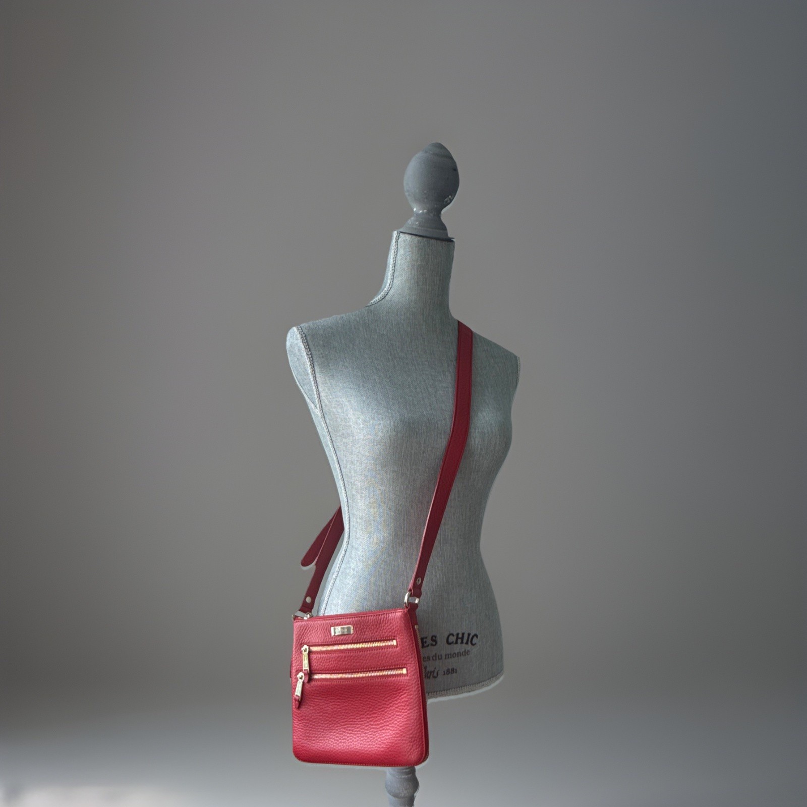Cole Haan Red Pebbled Crossbody Bag Adjustable Strap Double Zip Silver