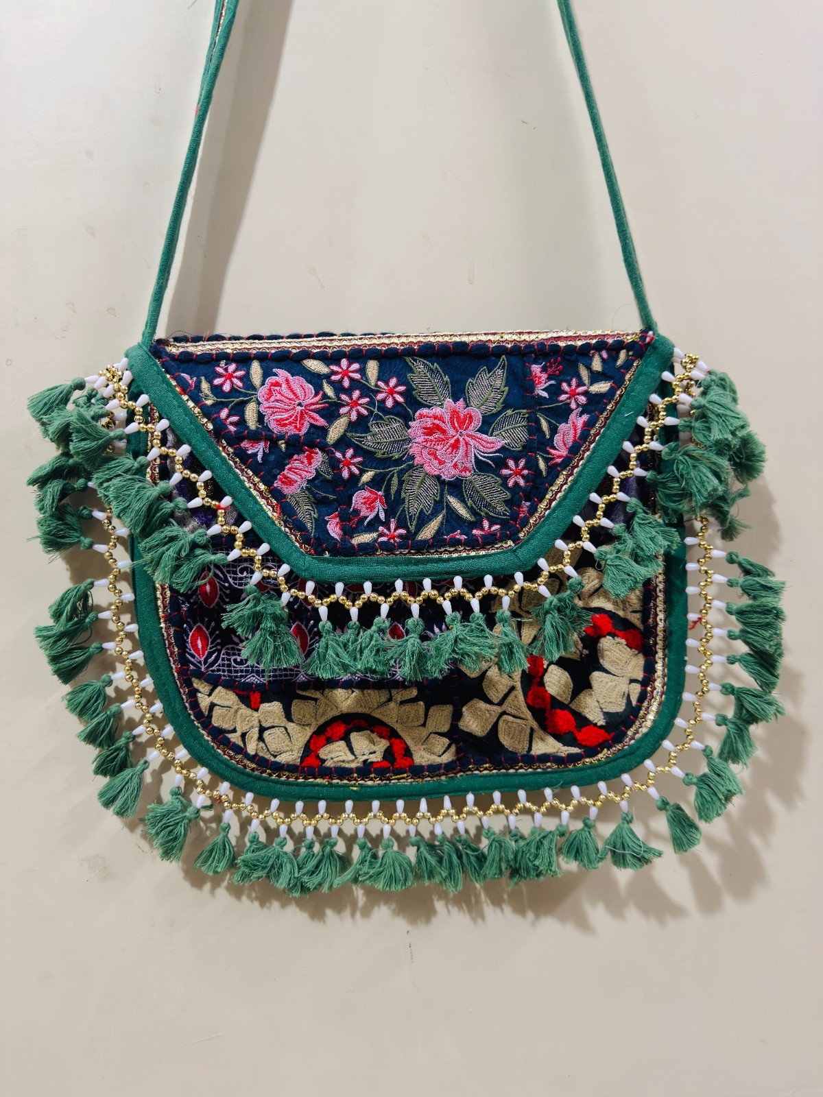 Handmade Banjara Embroidered Crossbody Bag, Boho Tribal Tassel Shoulder Purse, V