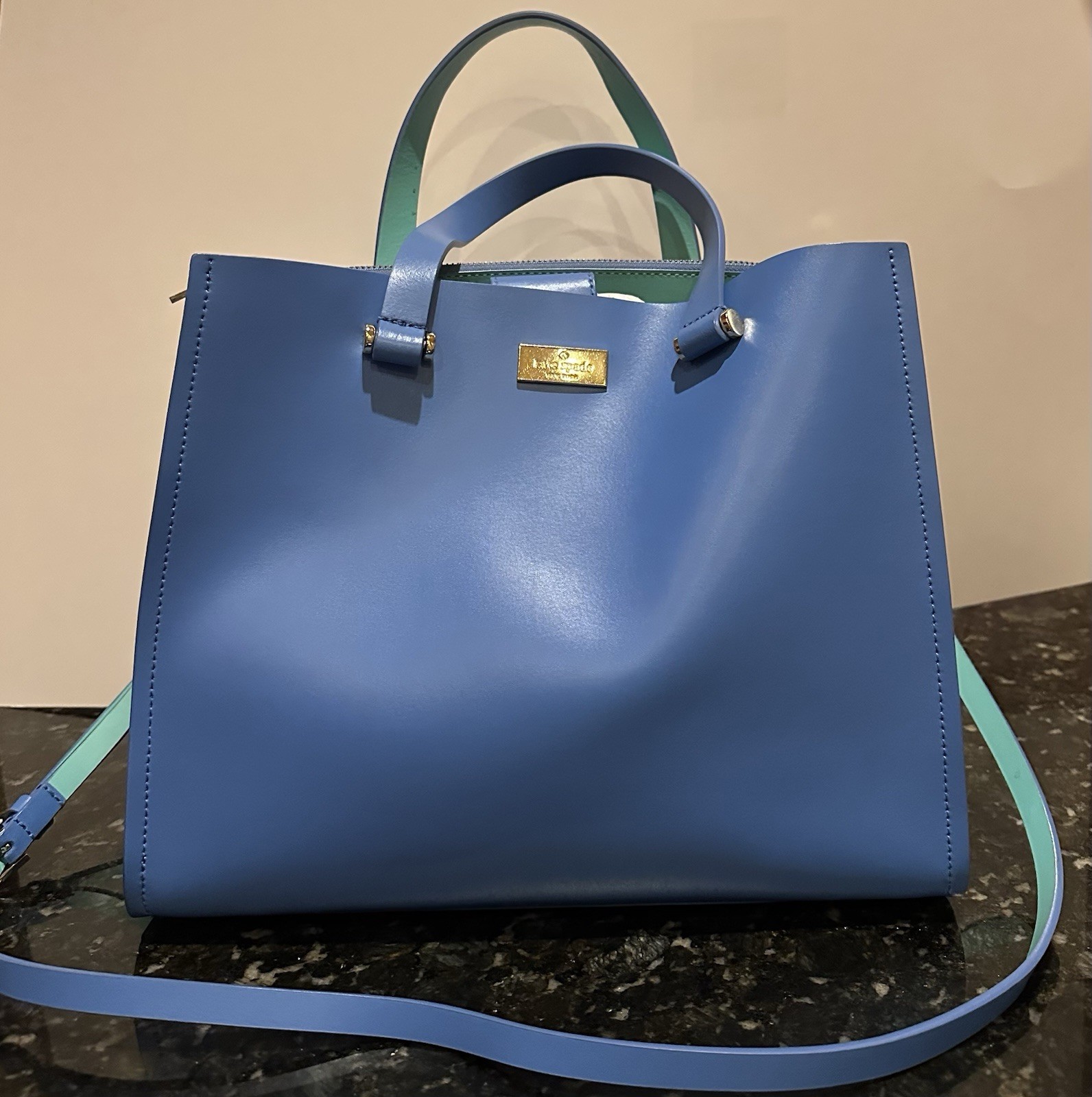 Kate Spade New York Blue Leather Structured Tote Satchel Crossbody Bag