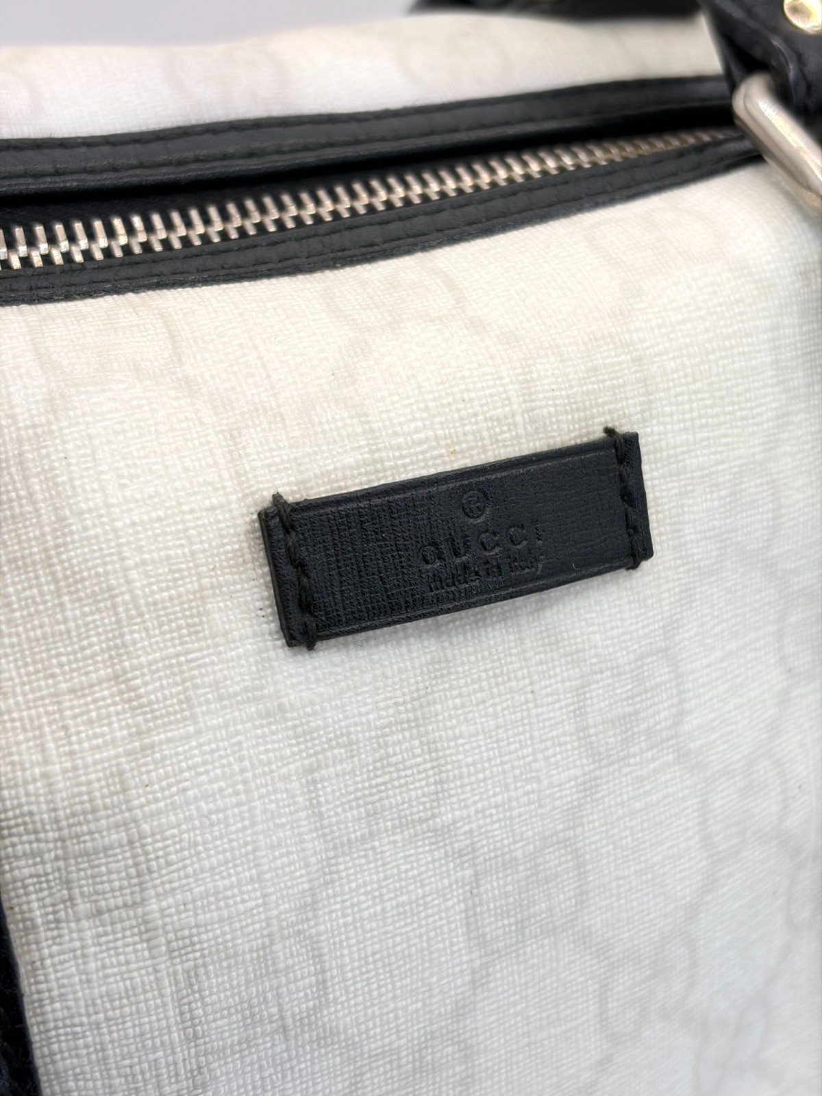 GUCCI Joy Boston Bag GG Supreme Medium White Canvas Satchel Black Leather Trim