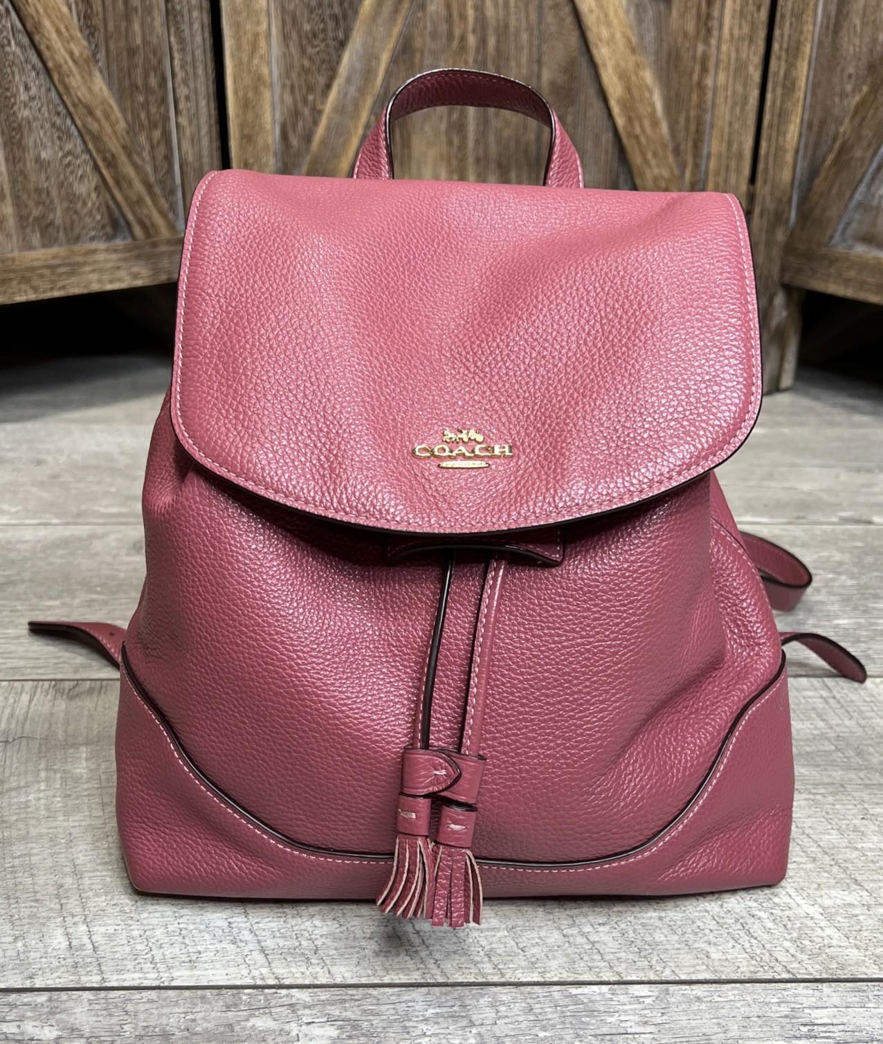 Vintage COACH Elle Pebbled Leather Pink Backpack Draw String Tassel Gold F72645