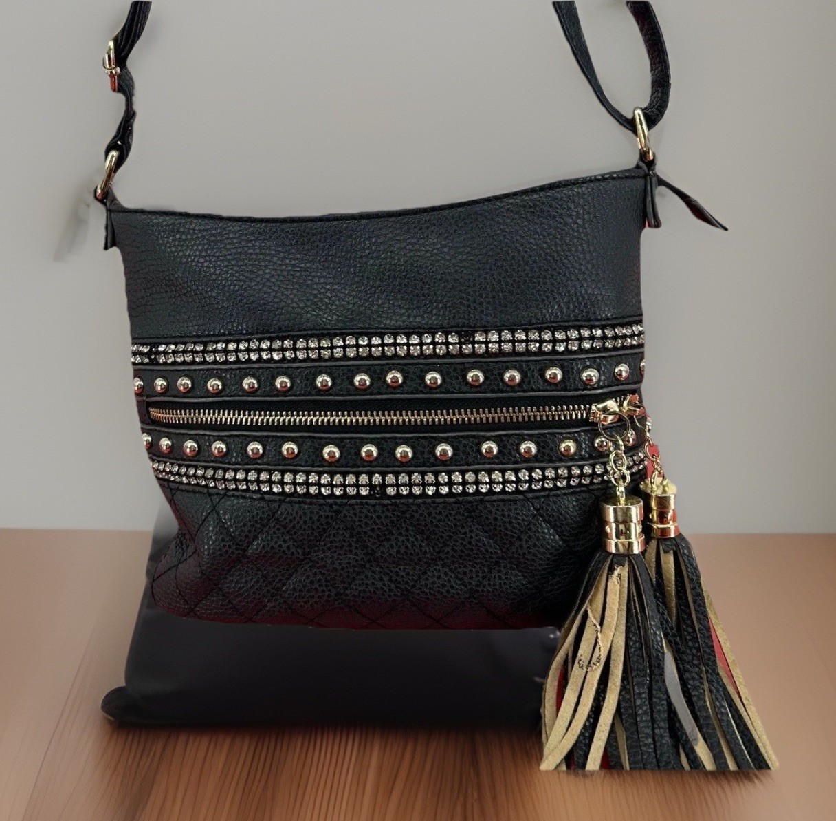 Womens Edgy Studded Crossbody Bag Black Rhinestone Quilted Tassel Imoshion