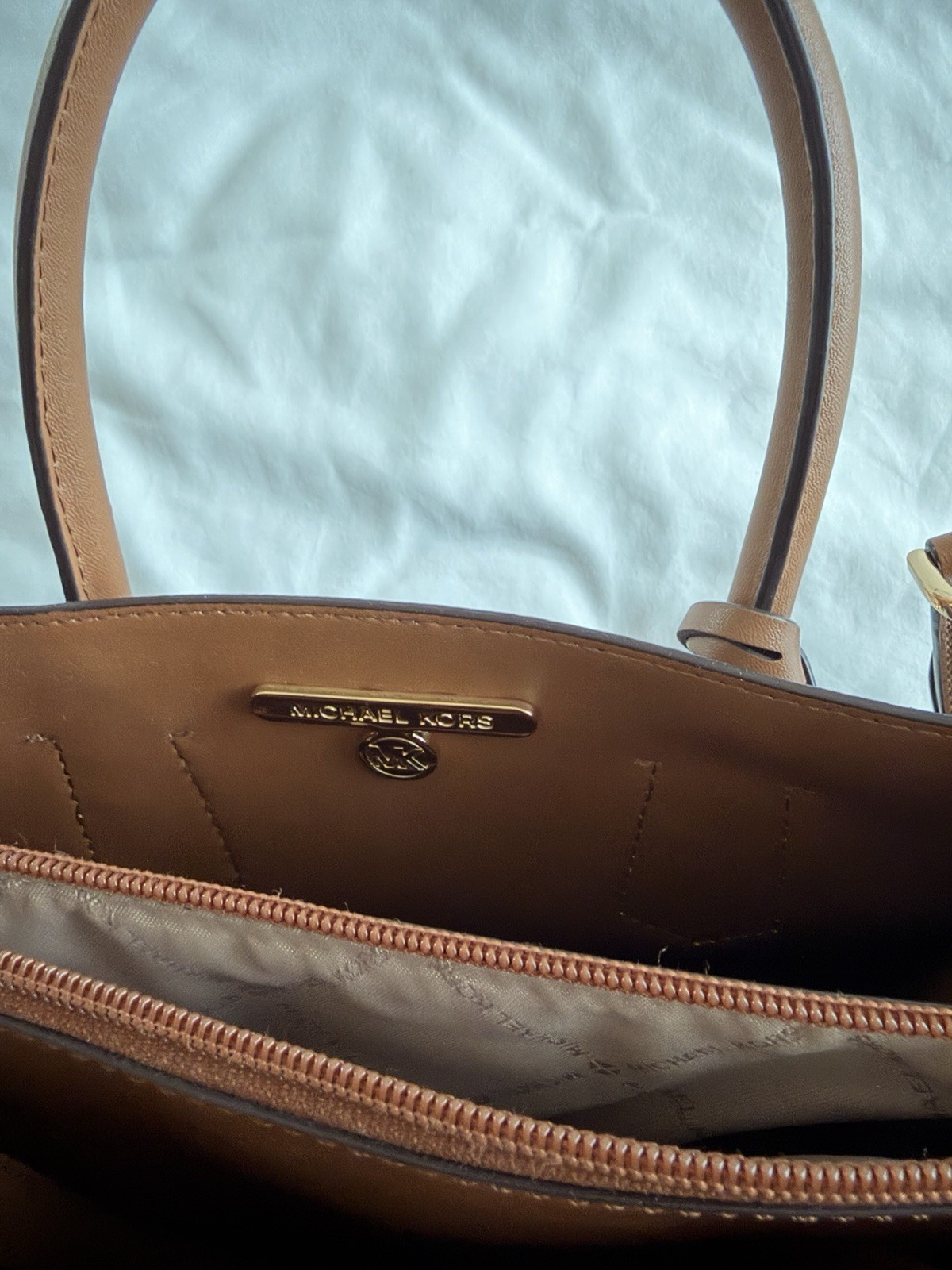 Michael Kors Brown/Tan Logo Satchel Top Handle, Zip, Gold Hardware, Charm Strap