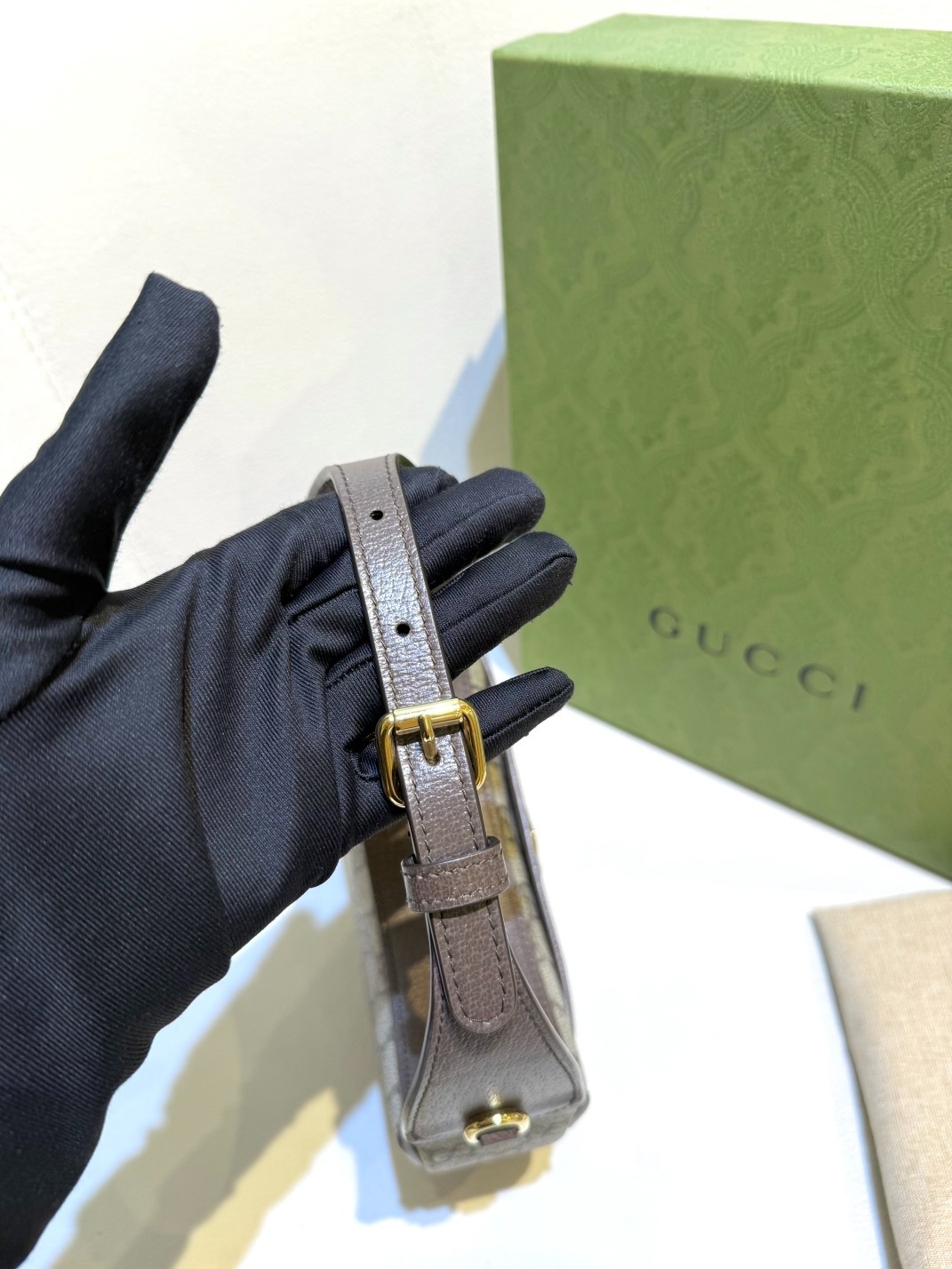 Gucci Ophidia Beige Monogram Moon Bag with Ebony Brown Trim