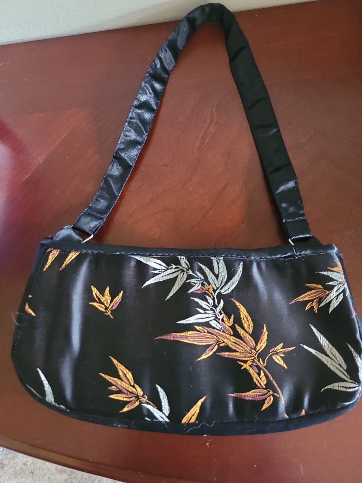 Black Bamboo Leaves Silk Brocade Fabric Small Purse