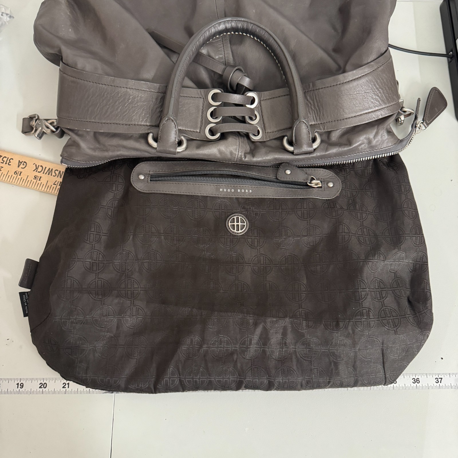 Hugo Boss Leather Hobo Shoulder Satchel Gray Lace Up Crossbody Strap Grunge Y2K