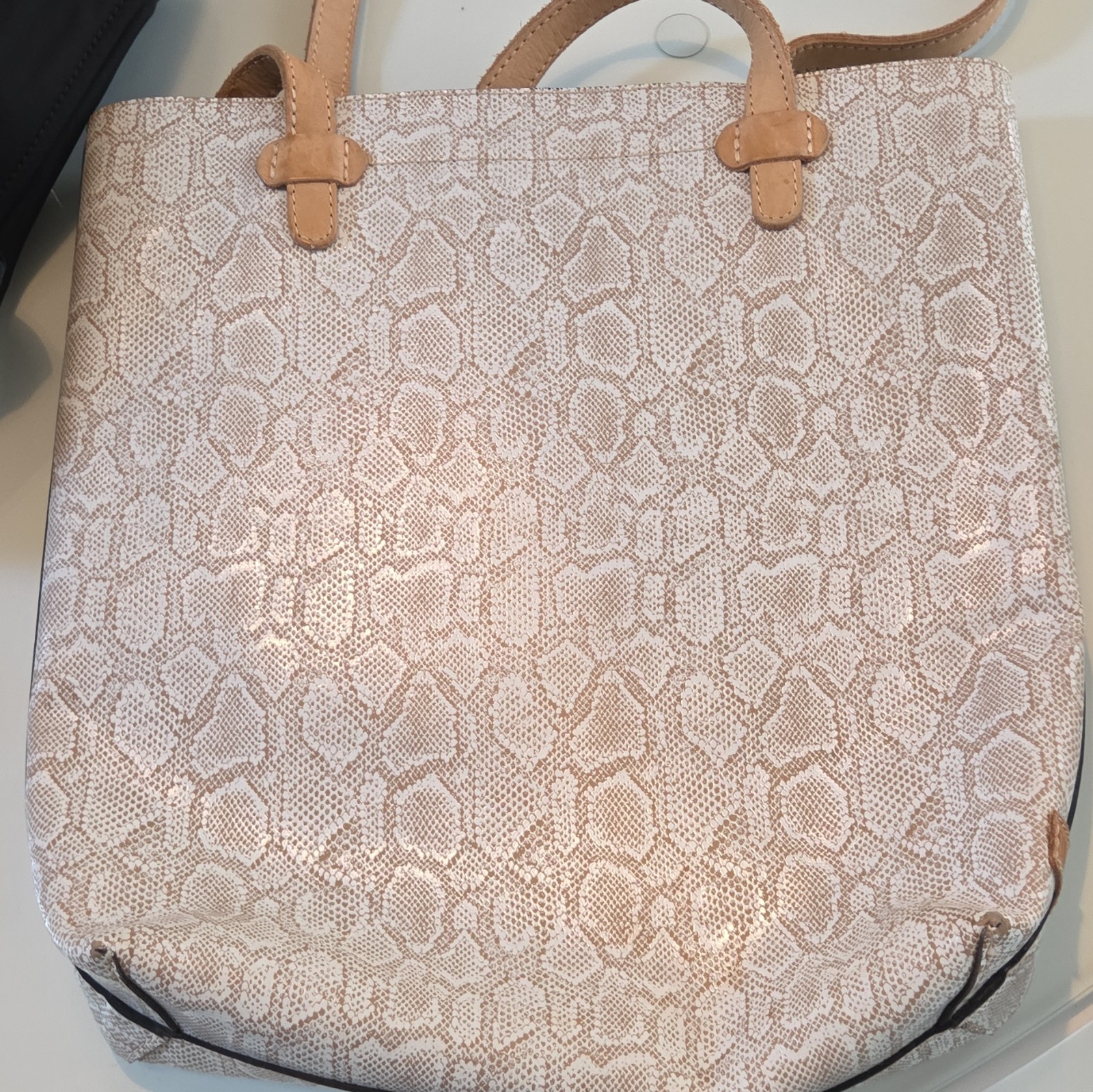 Consuela Beige Snake Print Tote Bag Tan Double Handles Detachable Pouch Pockets