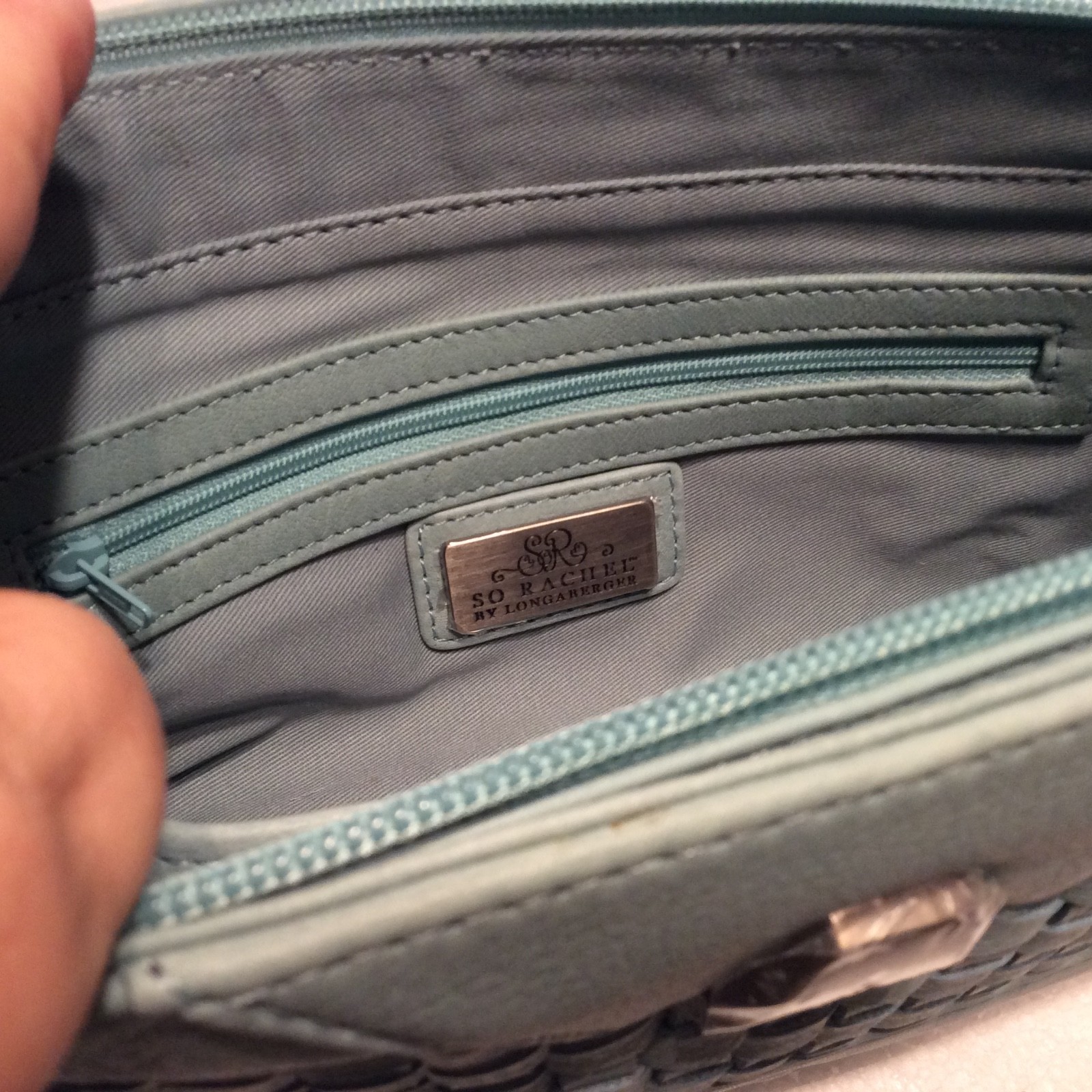 Robin’s Egg Blue So Rachel Longaberger Leather Woven Panel Clutch Crossbody NEW