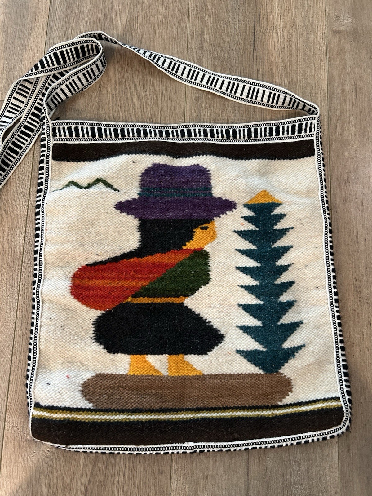 Vintage Peruvian Style Wool Tapestry Bag Folk Art Person Southwestern Boho Purse