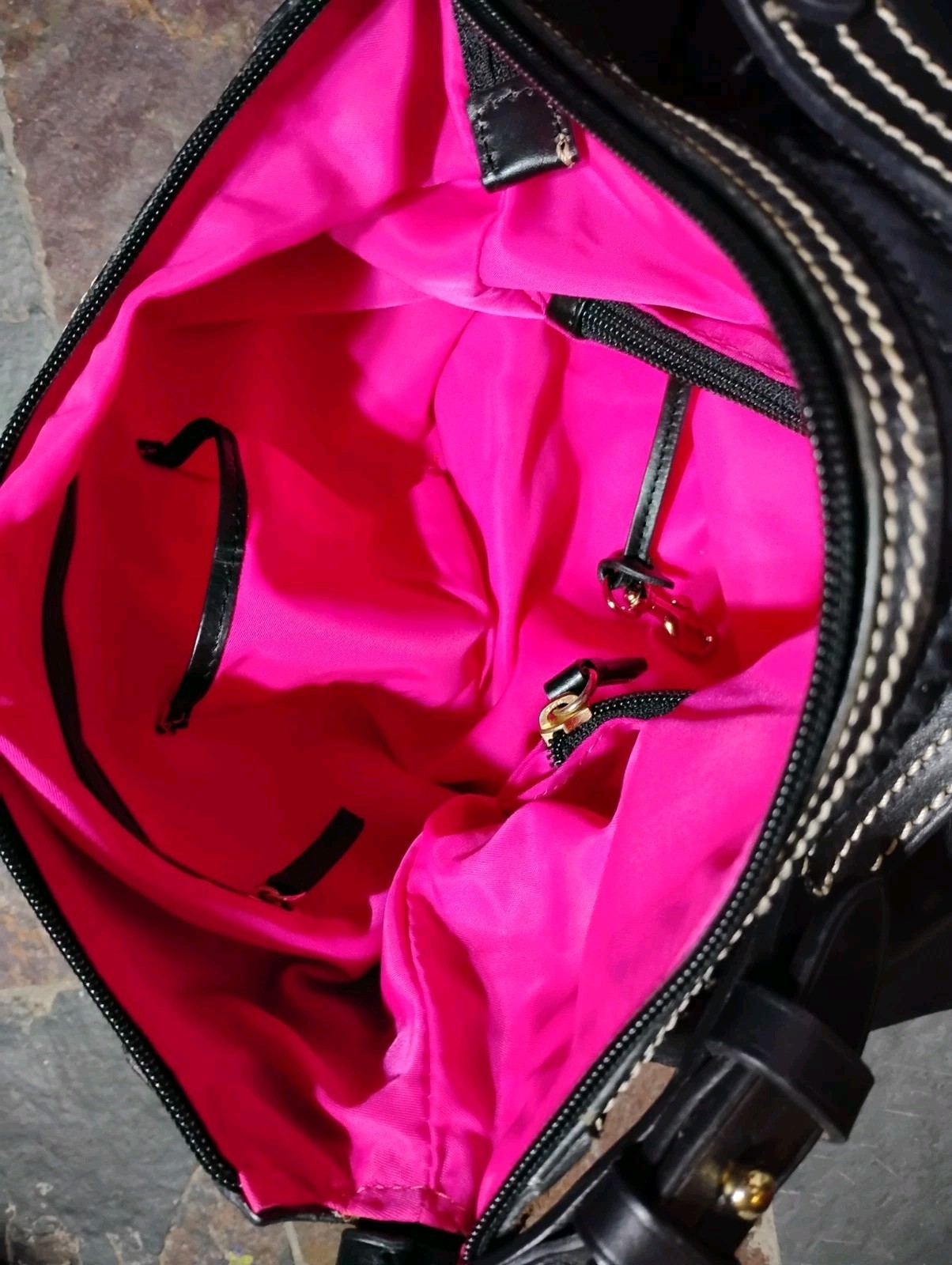 Dooney & Bourke Erica Hobo Bag Shoulder Tote Black Nylon Pink Int.Leather Strap