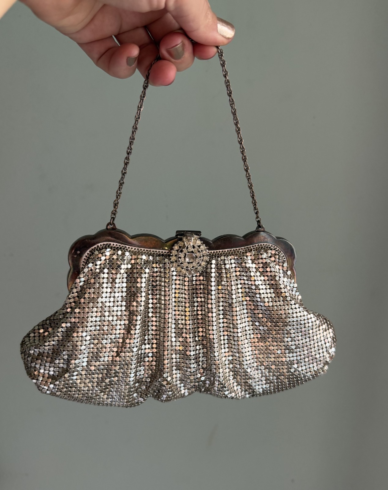 Vintage Whiting & Davis Silver Mesh Chain Bag Purse with Rhinestone Clasp