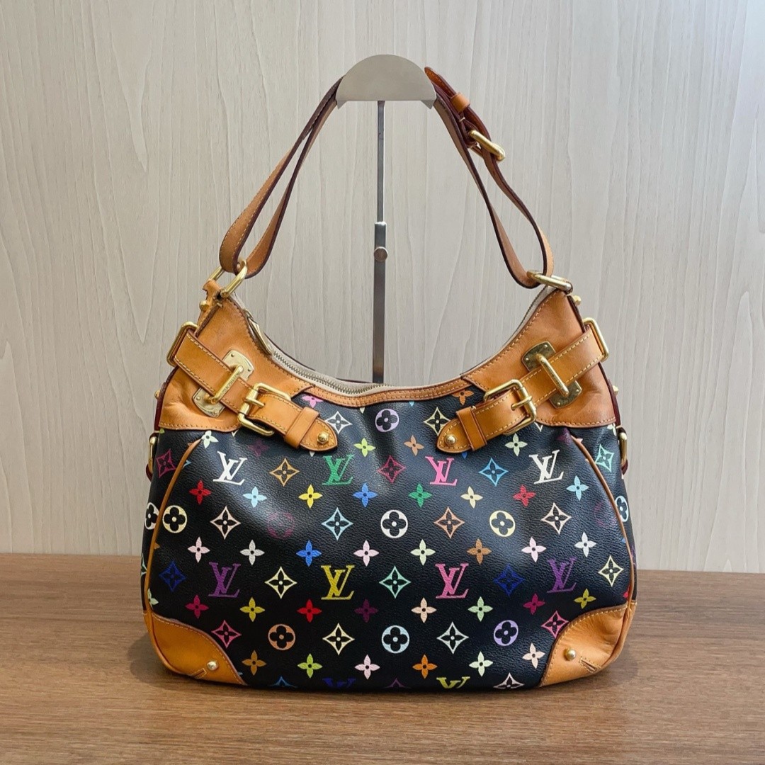 LOUIS VUITTON Greta Shoulder Hobo Bag Monogram Multicolor Black Canvas Gold HDW