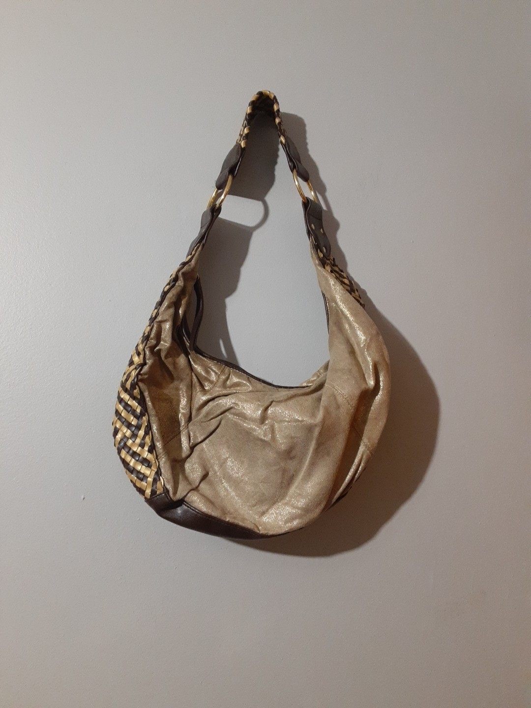 Bisou Bisou Handbag Tan Brown Woven Design Short Boho Polyester Zip Closure