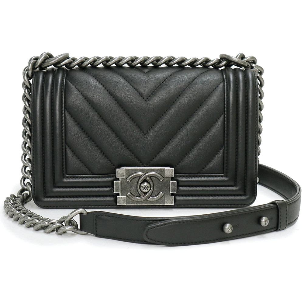 Chanel Boy Small V-Stitch Chevron Chain Black A67085 Shoulder Bag Unisex #BCB076