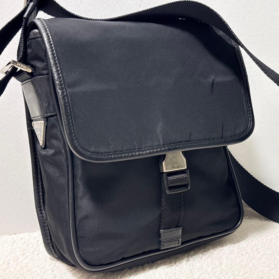 PRADA Shoulder Bag Nylon Saffiano Crossbody Black Used From Japan