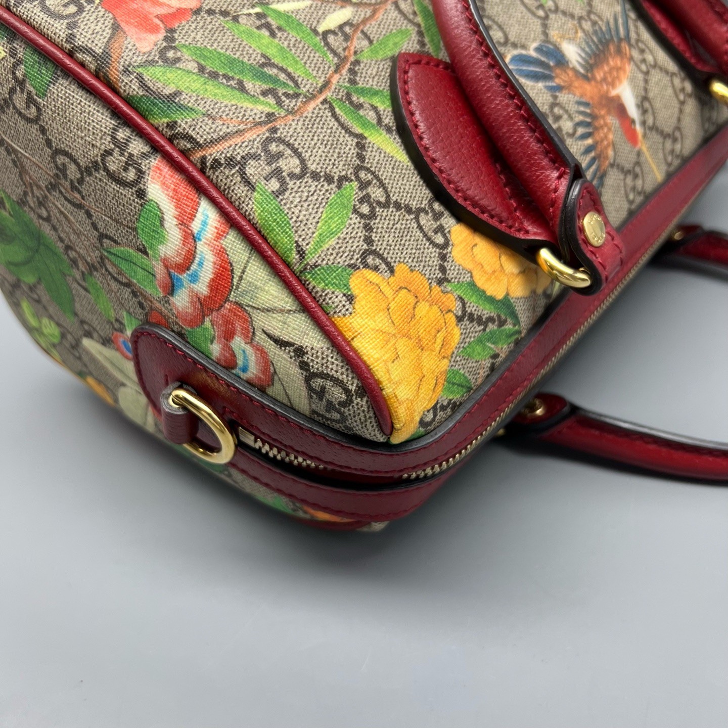 AUTH Gucci Tian Bird Supreme Boston Bag Print GG Beige Canvas Red Leather Trim