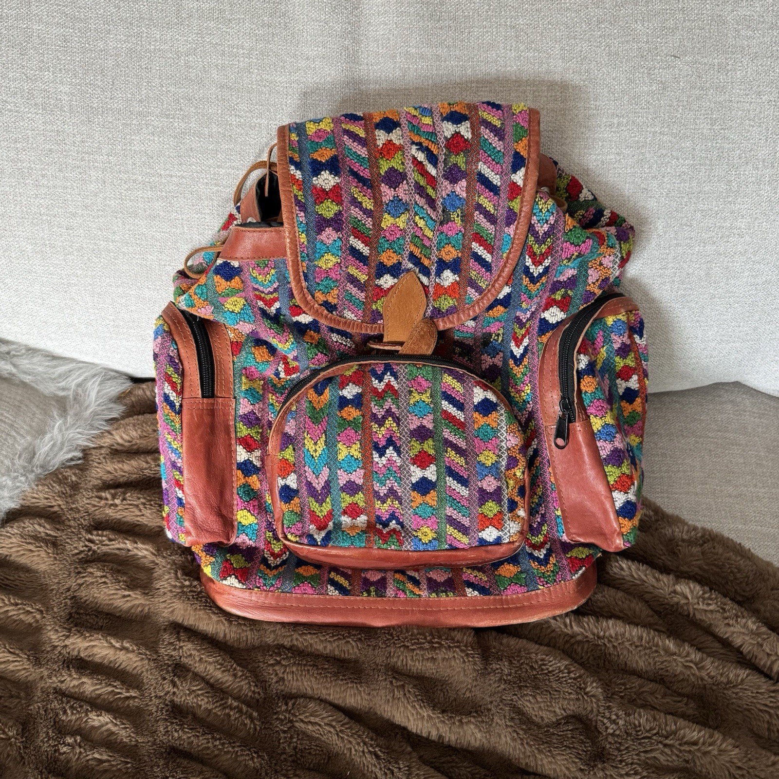 Guatemalan antique embroidered fabric/leather backpack