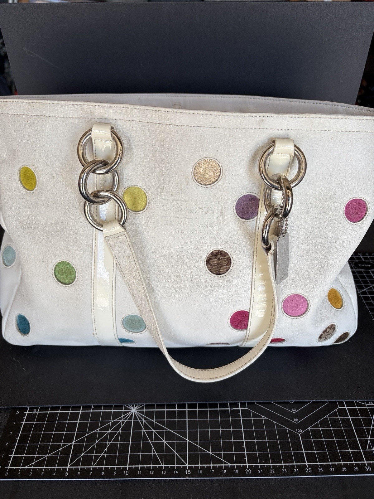 Coach Limited Edition Polka Dot Bag White Leather With Canvas Dots