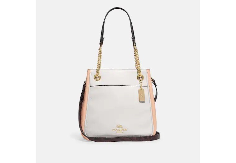 COACH Leather CAMMIE CHAIN BUCKET Bag w/Crossbody Strap~Chalk, Black, Peach