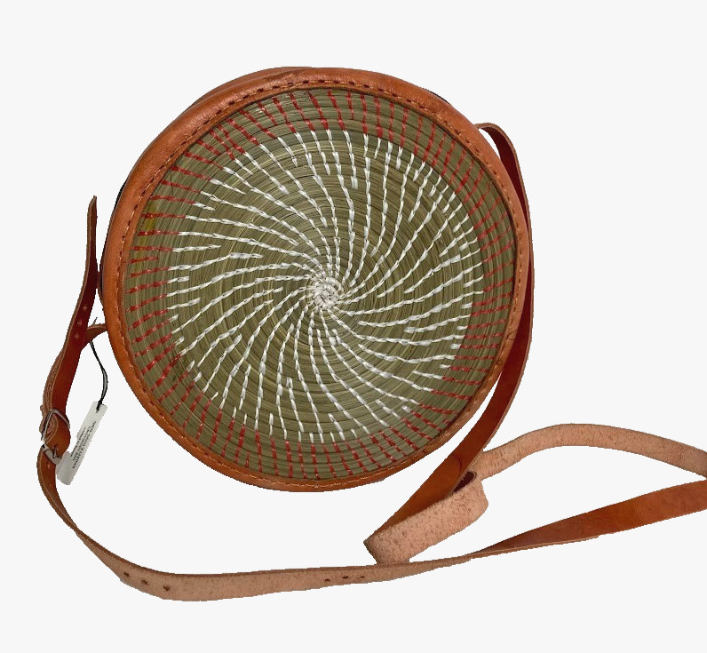Handmade Kenyan African Round Handbag, Crossbody, Woven Theta Grass Leather, Zip