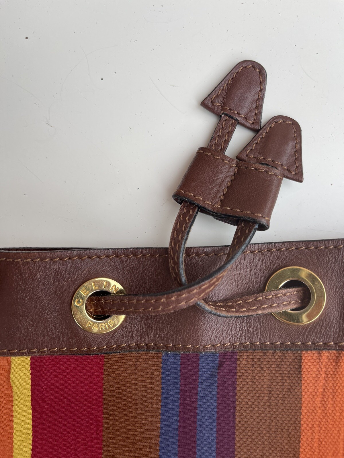 Vintage Céline Sangle Seau Striped Canvas Bucket Bag Crossbody Leather 1994 M94
