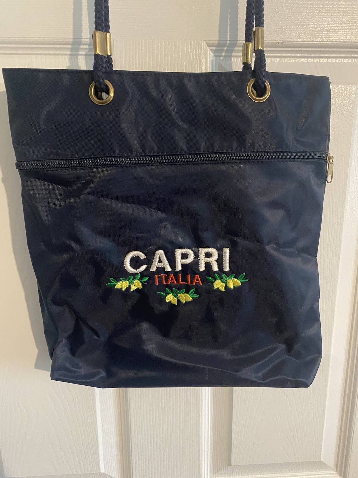 Capri Italia Navy Blue Carryall Bag Capri Italy 2 Pocket Vintage Embroidered Bag