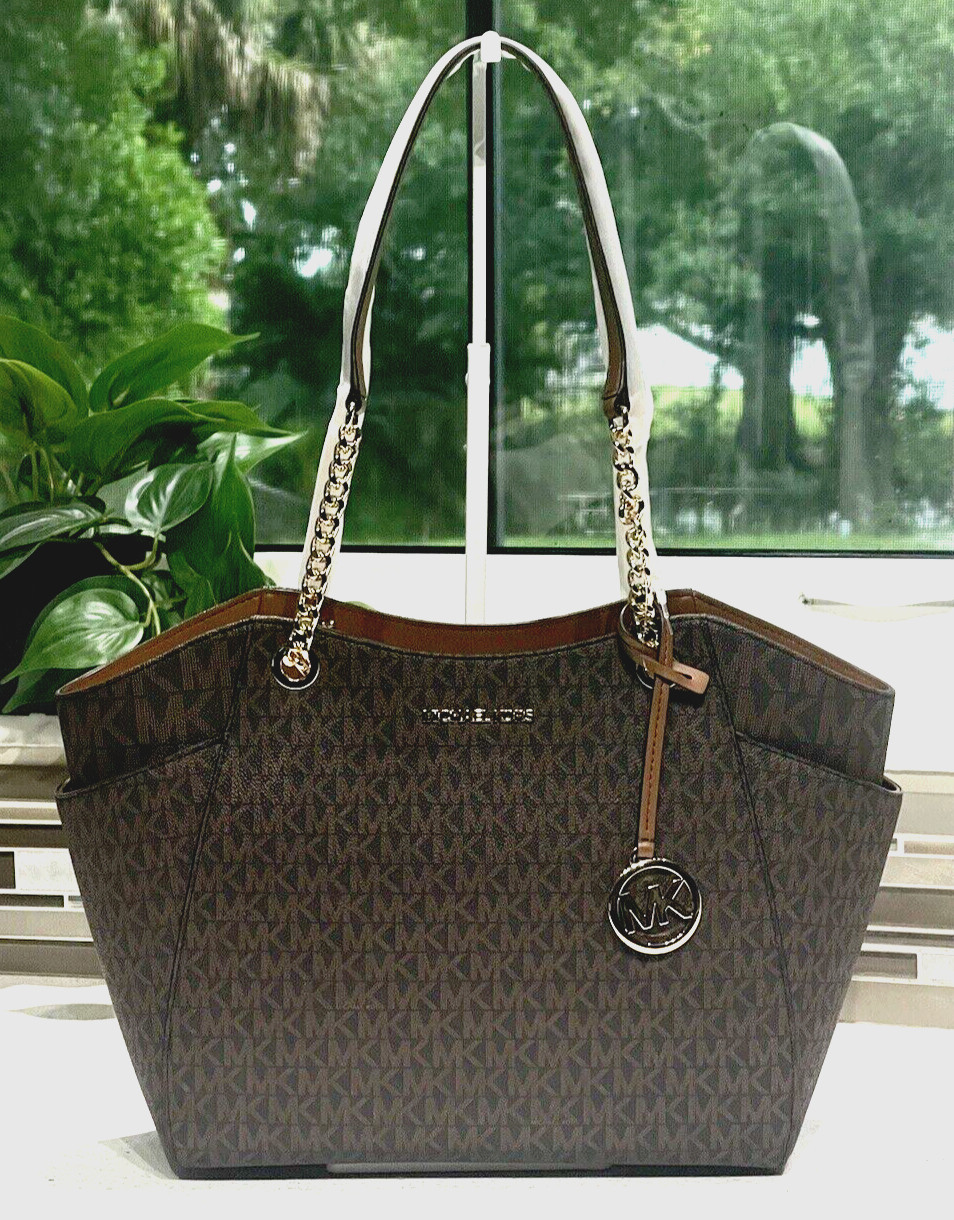 MICHAEL KORS JET SET TRAVEL LARGE MEDIUM CHAIN SHOULDER TOTE BAG MK BROWN LOGO