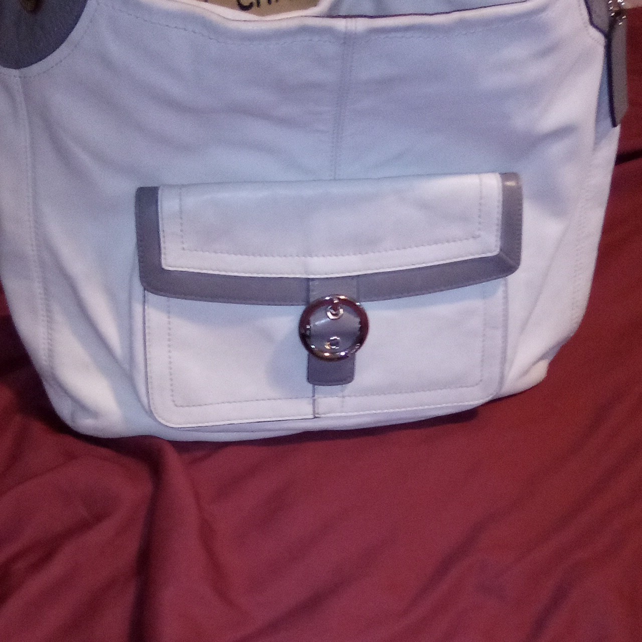 Coach Leather Hobo Ivory Gray Shoulder Bag Zip Outer Pocket Charm Silver