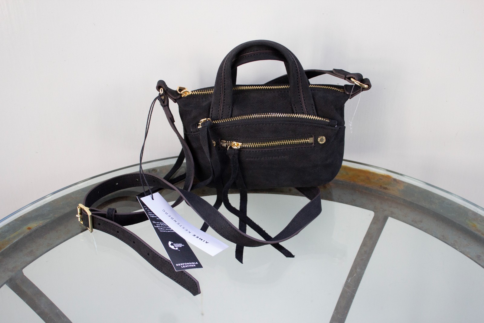 NWT NEW $198 AIMEE KESTENBERG Blaze Mini Satchel Black Leather/Gold Hardware