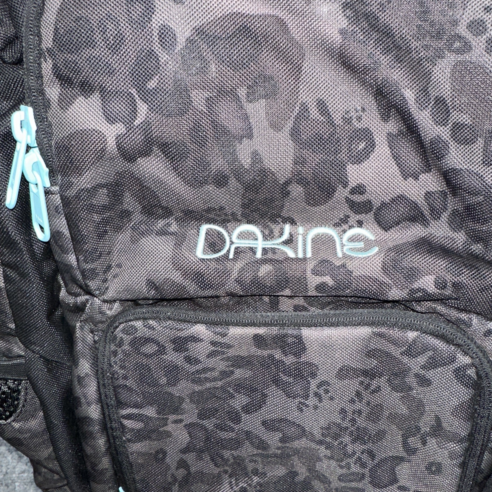 Dakine Black Leopard Print 18inch Back Pack With Light Blue Accents