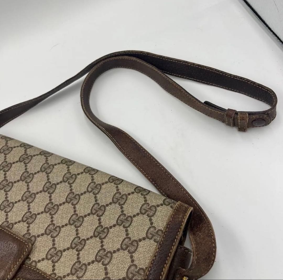 GUCCI Vintage GG Supreme PVC Flap Shoulder Bag Beige Brown 27x21cm Authentic