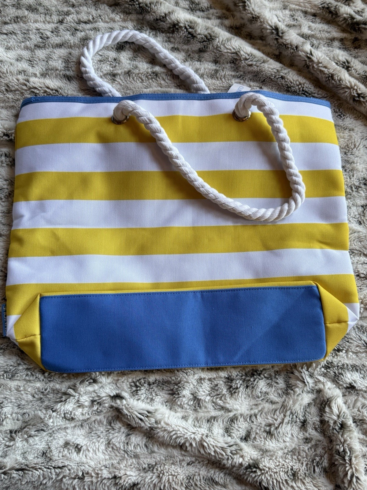 Clinique striped canvas tote Bag Yellow white and blue With Rope strap