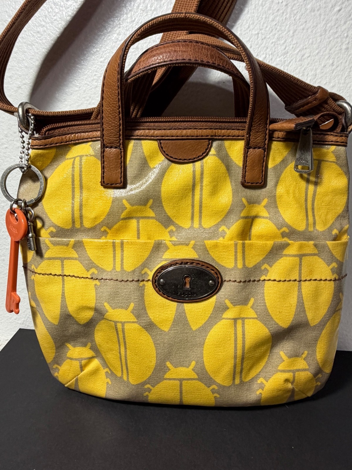 Fossil Key Per Yellow Textured Cowhide Leather Ladybug Print Tote/Shoulder Bag
